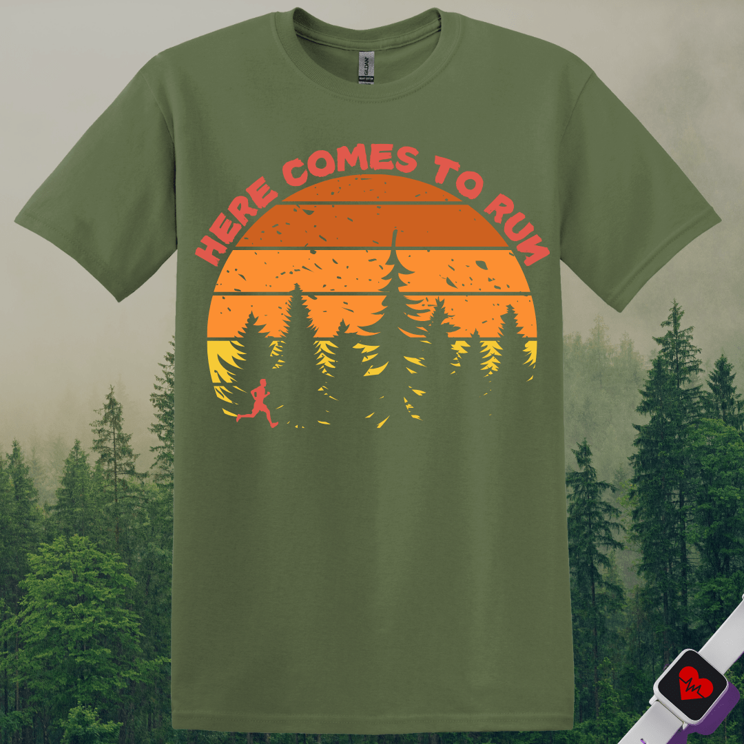 Printify T-Shirt Military Green / S Here Comes To Run T-Shirt